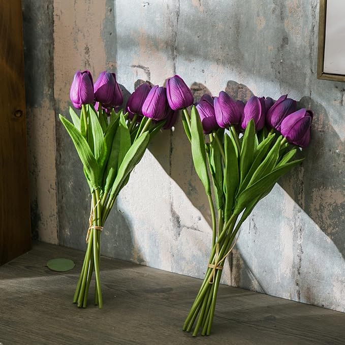 20pcs Purple Artificial Tulip Flowers, Silk Fake Flowers 13" for Mother's Day, Easter, Valentine’s Day Gifts in Bulk, Home, Kitchen, Wedding Decorations