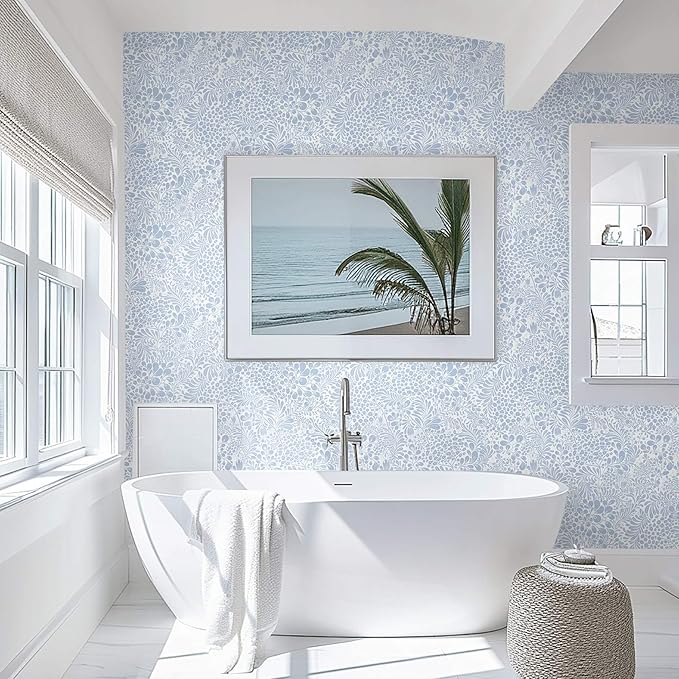 Heroad Peel and Stick Wallpaper Light Blue Floral Contact Paper 30'x17.3'' Boho Wall Paper Modern Removable Self Adhesive Wallpaper for Bedroom Bathroom Kitchen Cabinet Decor Waterproof Vinyl Roll