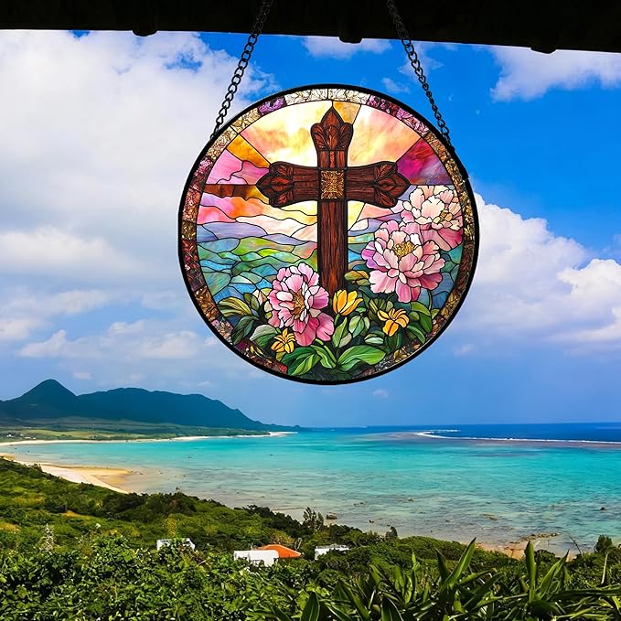 Christian Gifts for Women - Cross Stained Glass Window Hanging Jesus Easter Pink Flower Peony Sun Catcher Garden Religion Decor Mother's Day Catholic Gift for Men Grandma Mom Her Nana 7.8"