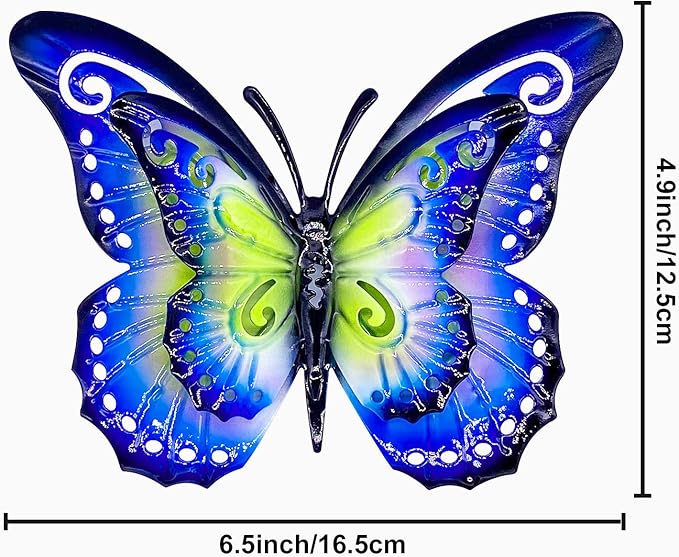 Metal Butterfly Outdoor Wall Decor- 6.5'' 3D Metal Colorful Hanging Double Wings Butterflies for Garden Yard Decoration Outdoor or Indoor Decor, Gifts for Mom Dad Friends (4 Pack)