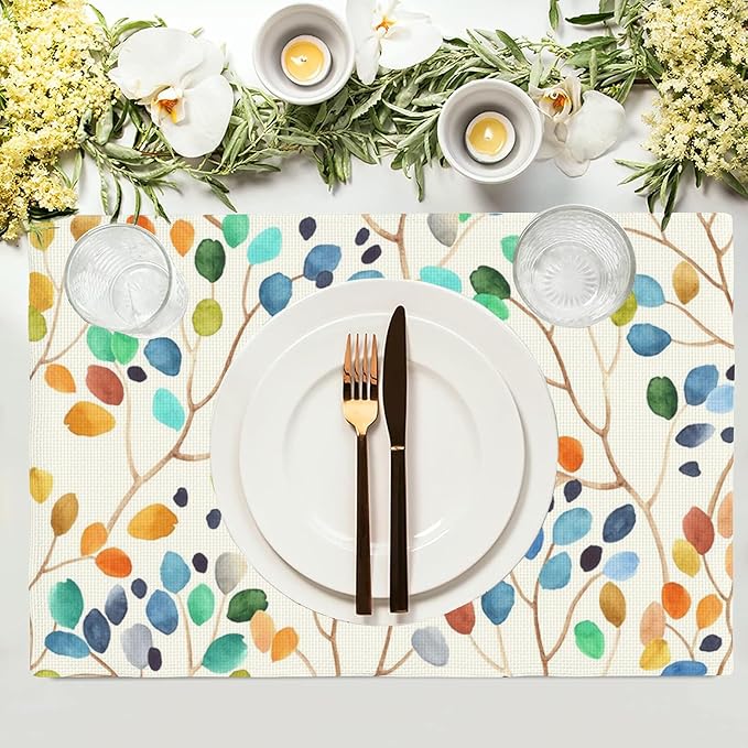 Watercolor Leaves Spots Placemats Set of 4, Placemats Dining Table Mat Set,12x18 Washable Stain Resistant Wipeable Cloth Placemat for Kitchen Buffet Parties