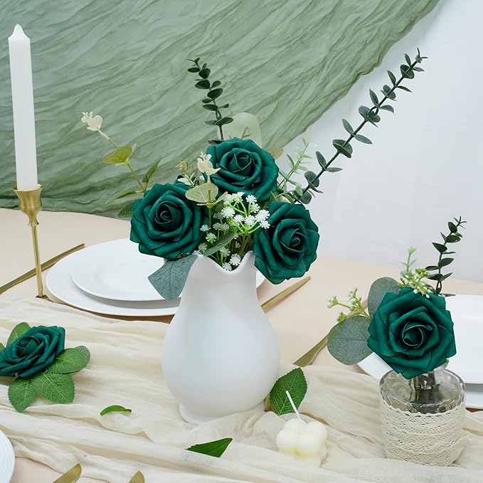 Artificial Flowers, 25pcs Hunter Green Artificial Rose for DIY Wedding Bouquets Centerpieces Arrangements, Fake Flower with Stem for Party