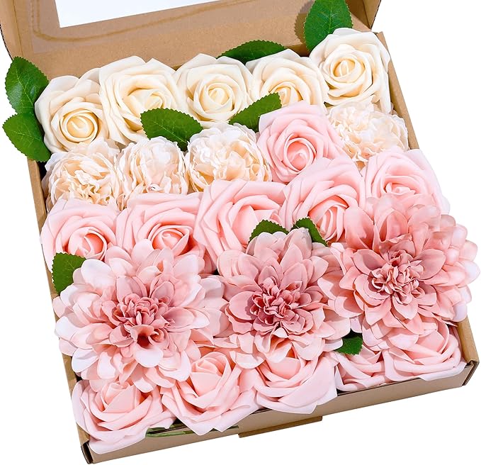 SITUMEIZI Roses Artificial Flowers Combo Pink Flowers Silk Foam Flowers with Stems for DIY Bridal Wedding Bouquet Baby Shower Party Home Decor Floral Arrangements 23pcs