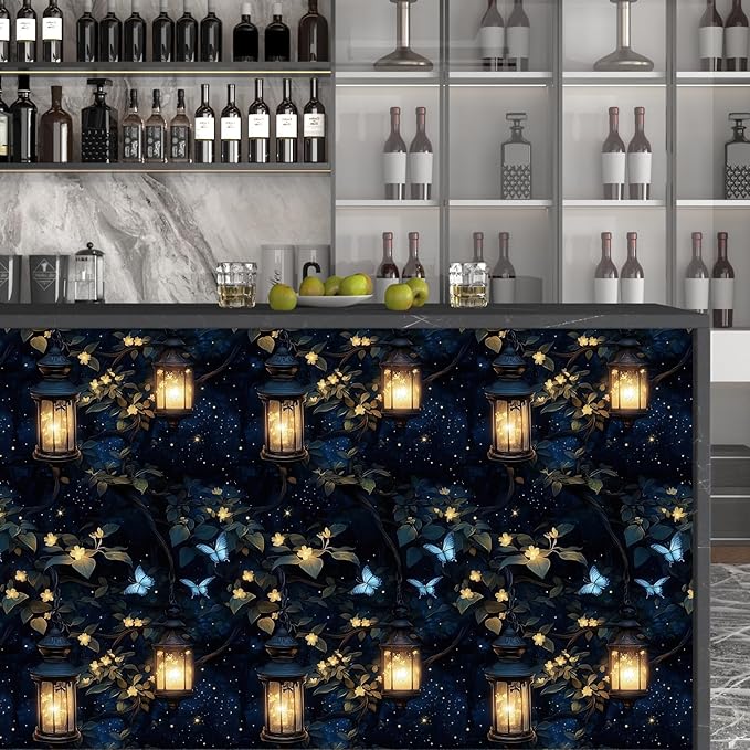 Dark Wallpaper Peel and Stick Night Forest Contact Paper Vintage Green Leaf Wall Paper Vinyl Waterproof Self Adhesive Retro Lantern Butterfly Walls Mural for Bedroom Cabinet Table Décor17.5" x 118"