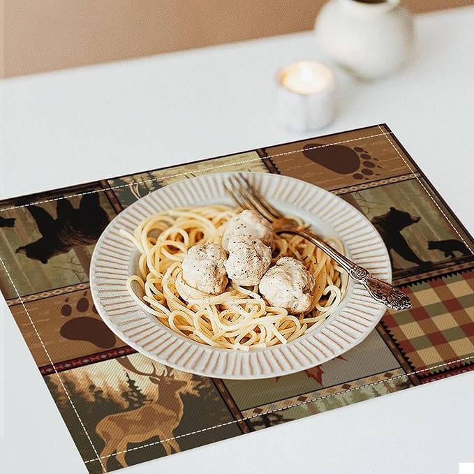 Retro Rustic Lodge Bears Placemats Set of 4, Vintage Cabin Farmhouse Country Style Place Mats, Heat Resistant Non Slip Cotton Linen Dining Table Mats for Home Kitchen 18x12 Inch