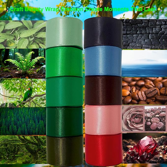 3/8 Satin Ribbon, 50 Yards Double Faced 10 Colored Ribbons Pack, Green Ribbon Sets for Gift Wrapping, Crafts, Flower Bouquet, Christmas, Easter, Eco Environment, Earthy Day, Forest Wedding