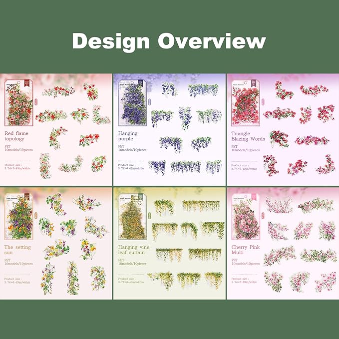 Floral Vine PET Stickers – 60PCS Vintage Botanical Design, Waterproof & Pre-Cut, Large Size for Journals, Junk Journals, Scrapbooking, and Craft