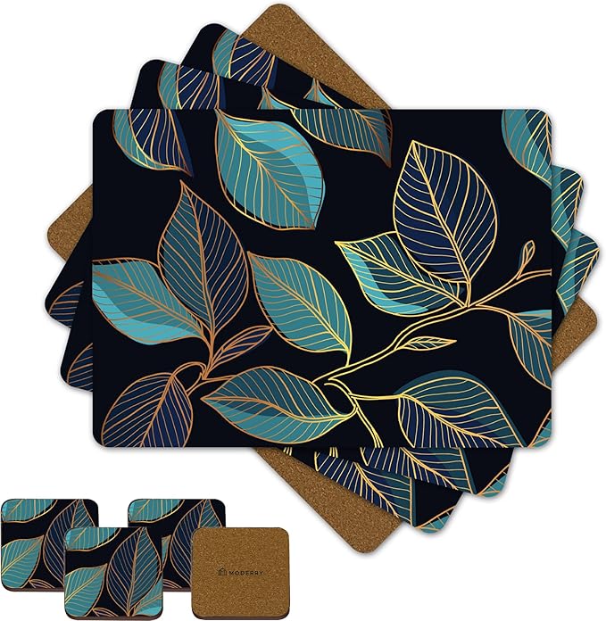 Set of 4 Heat Resistant Cork Placemats for Dining Table with Free Set of 4 Matching Drink Coasters Sage Green Marble Design 16 x 12 Inches Cork Backed Hard Placemats (Blue Gold Botanical)