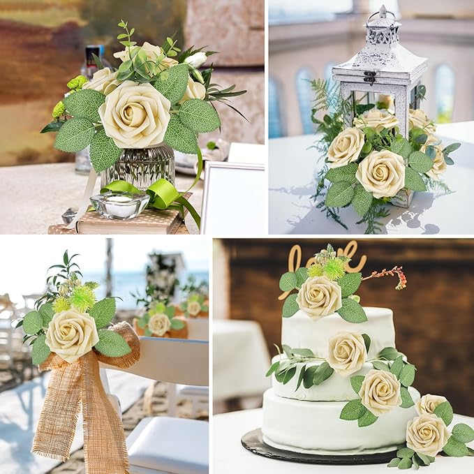AmyHomie 25pcs Real Looking Artificial Beige Roses w/Stem for DIY Wedding Bouquets Centerpieces Arrangements Party Baby Shower Valentines Day Christmas Tree Decorations