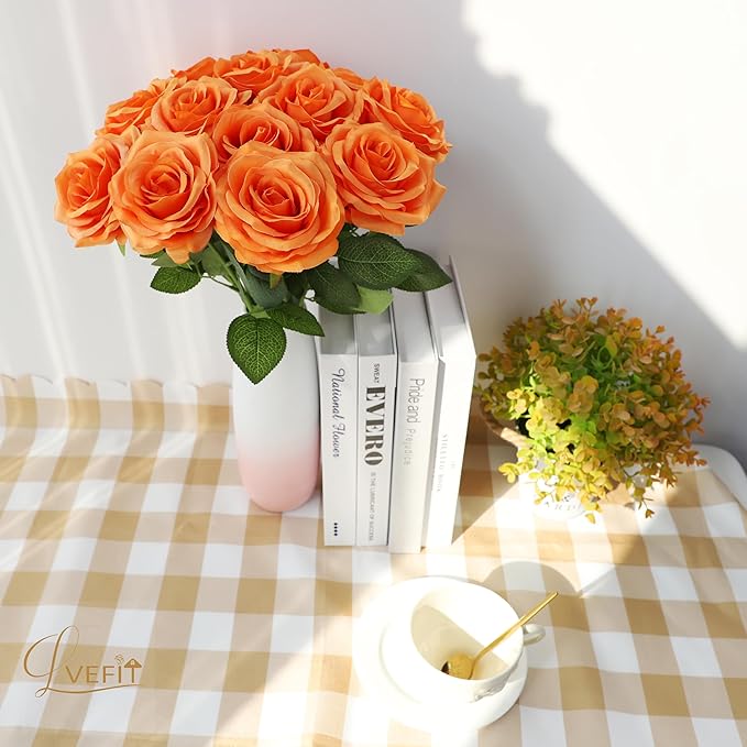 12pcs Artificial Rose Flower Orange Rose Orange Flower with Long Stem Silk Roses Bouquet for Wedding Bridal Shower Party Home Decoration