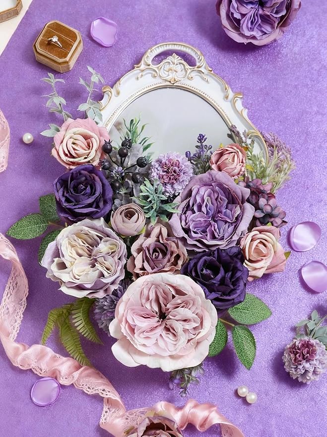 Artificial Flowers Combo Box Set Purple Fake Roses Silk Flowers with Stems for DIY Wedding Bridal Bouquets,Floral Arrangement,Table Centerpieces,Baby Shower,Home Decorations