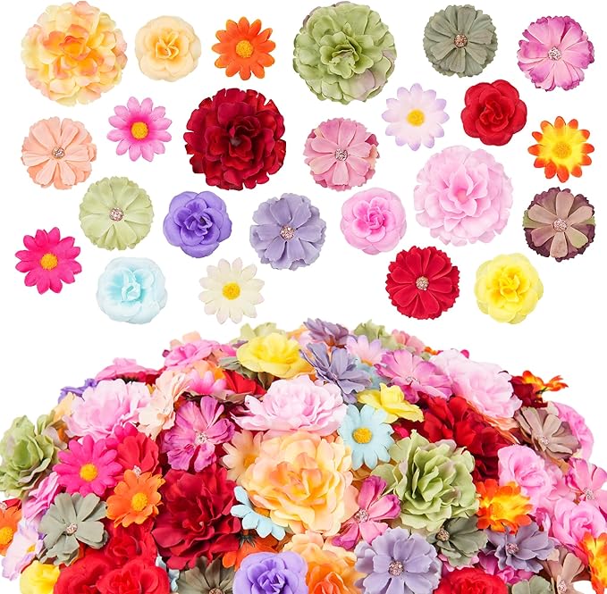 210 Pcs Mini Silk Flower Heads Small Fake Rose Daisy Faux Flowers Bulk for Crafts Artificial 3D Loose Fabric Flowers Heads Sunflower Bulk for Wedding Hair Cap Dresses Decorations (Bright Colors Mixed)