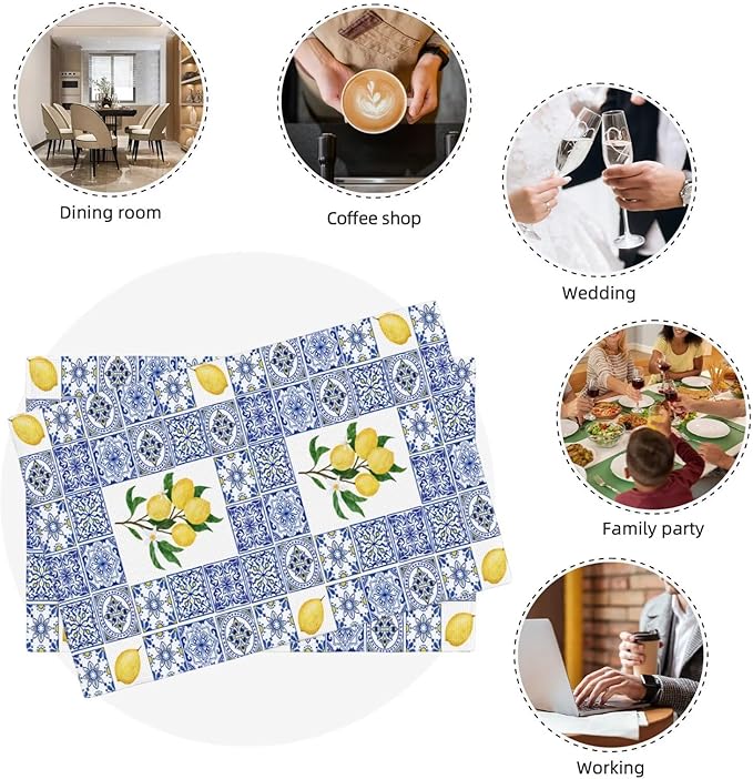Lemon Table Placemats Set of 4 Blue Tile Print Linen Placemats for Indoor Outdoor Party Home Desktop Kitchen Dining Room Decor 12x18 Inch