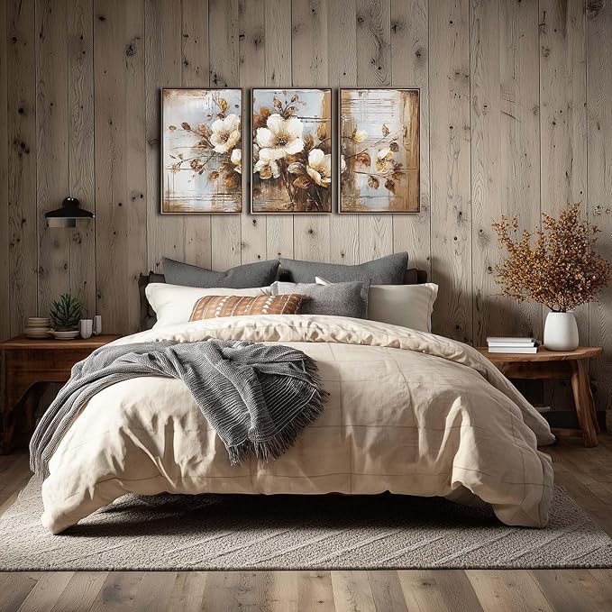 YCJKJDZ Framed Dark Floral Canvas Wall Art Set of 3, Neutral Fall Plant Bohemian Vintage Moody Flower Wall Decor Artwork for Farmhouse Bedroom Living Room Office, 20x30 inches