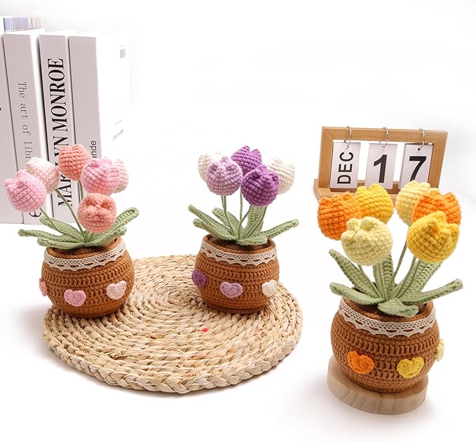 Crochet Simulation Tulip Potted Plants, Simulation Crochet with Long Flowers, Hand Crochet Lovely Woven Potted Plants, Home Office Desk Ornaments, Shop Decorative Flowers (6 Flowers-Purple)