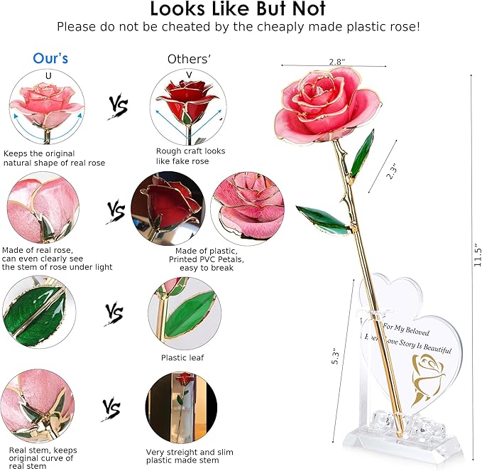 Sinvitron Gold Dipped Infinity Rose Forever Flower Decor, Resin Preserved Real Rose Birthday Gift for Women, Anniversary Present for Mom (Sweet Pink)