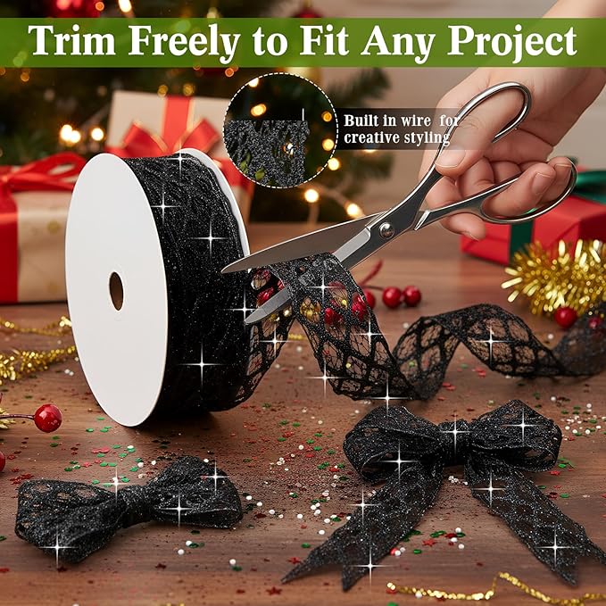 Geosar 20 Yards Black Mesh Glitter Wired Ribbon for Christmas Tree Decorations, Gift Wrapping, DIY Craft, Xmas Wreaths, Cabinet Decor (1.5 Inch)