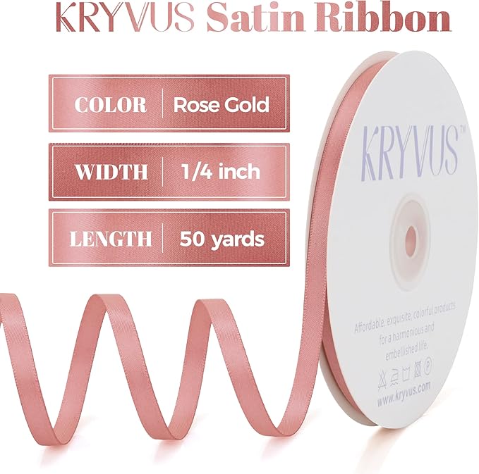 Rose Gold Satin Ribbon, Double Faced 1/4 Inch X 50 Yards Rose Gold Ribbon, Premium Satin Ribbon for Gift Wrapping, Crafts, Hair Bow Making, Sewing, Flower Bouquet, Wedding Party Decor