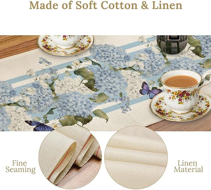 Blue Floral Table Runner, Spring Summer Watercolor Hydrangea Flower Butterfly Country Farmhouse Coffee Table Center Decor for Home Kitchen Dining Patio Holiday Party Table Decorations 13x108 inches