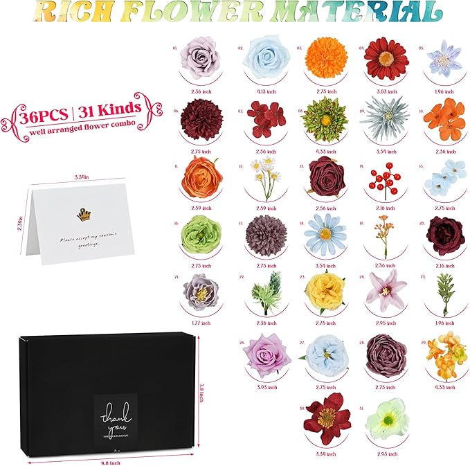 Artificial Flowers Combo Box, 38PCS Fake Flowers, Silk Flower Mix with Wire Stem, DIY Wedding Bridal Bouquet Shower Party Home Décor (Multi Color)