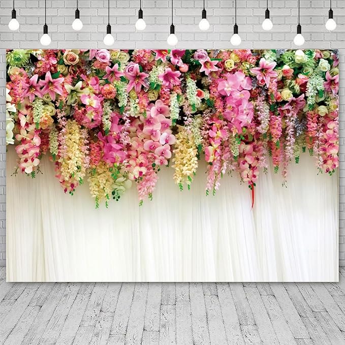 6x4ft Pink Floral Backdrop White Curtain Wedding Reception Photography Background Colorful Flowers Anniversary Bridal Shower Decorations Birthday Party Baby Shower Portrait Photo Booth Prop