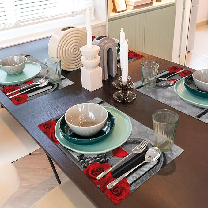 Wine Linen Table Placemats Set of 4 Red Rose Wine Barrel Print Placemat Indoor Outdoor Party Home Desktop Kitchen Dining Room Decoration 12x18 Inch