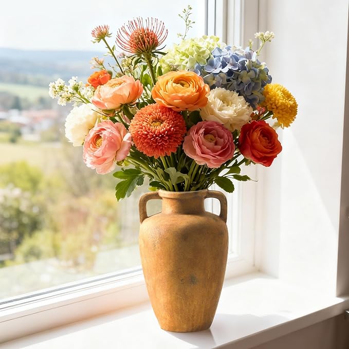 Ceramic Vase with Handle, 8.85 inch Tall Flower Vase for Centerpieces, Large Decorative Terracotta Vintage Vases, Farmhouse Rustic Vases for Home Decor, Living Room, Table, Neutral