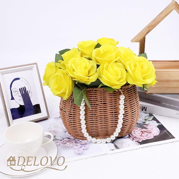 52pcs Yellow Roses Artificial Flowers Fake Flowers Silk Roses with Stems for DIY Wedding Bouquets Bridal Shower Centerpieces Arrangements Party Decorations