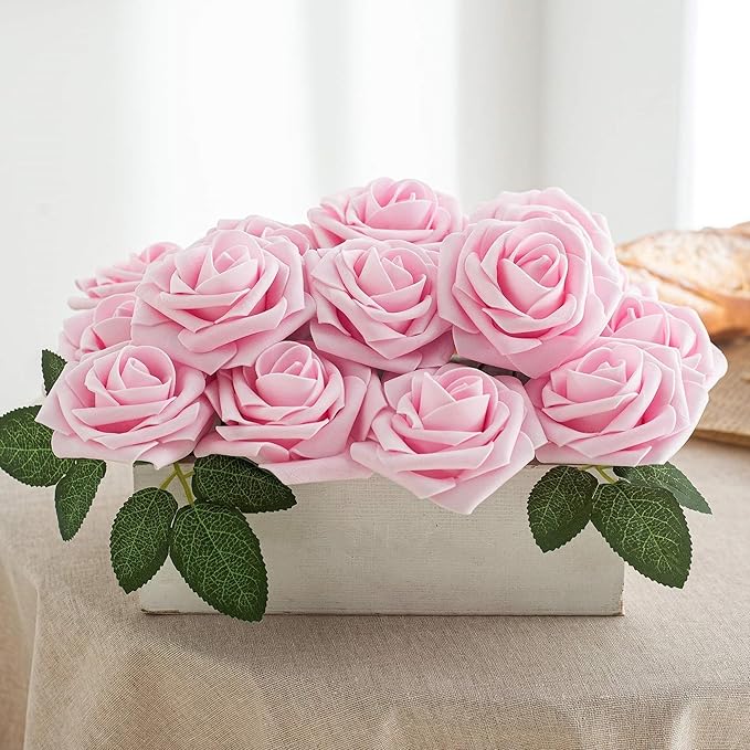 Artificial Flower Foam Rose 25pcs Real Looking Fake Rose with Stems Leaves for Home Decoration Party Garden Centerpieces DIY Wedding Bouquets（Light Pink）