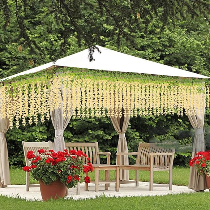 Artificial Wisteria Hanging Flowers Fake Wisteria Flower Garland Silk Vines Rattan Decor for Home Wedding Arch Wall Garden Greenery Bedroom Outdoor Office Party Decoration (24, Champagne)