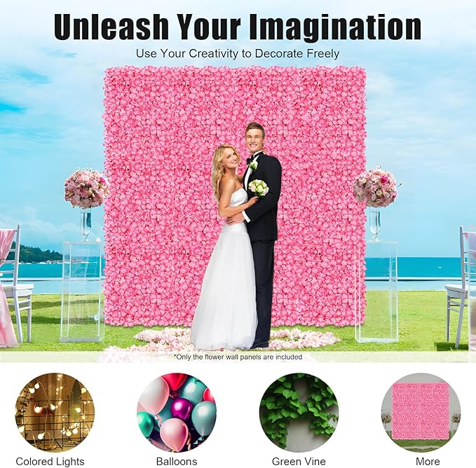 10 PCS Flower Wall Panel 24" x 16" Artificial Flowers Wall Decoration Decorative Hydrangea Flower Panels Walls for Home Party Wedding Christmas Festival Photo Backgdrop Decor (10 PCS, Pink)