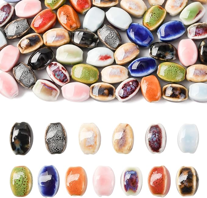 Beadthoven 52pcs Handmade Porcelain Oval Beads 13 Colors Fancy Antique Glazed Porcelain Beads Colorful Printed Oval Loose Handmade Spacers for Jewelry Making DIY Bracelet Necklace Earrings Crafting