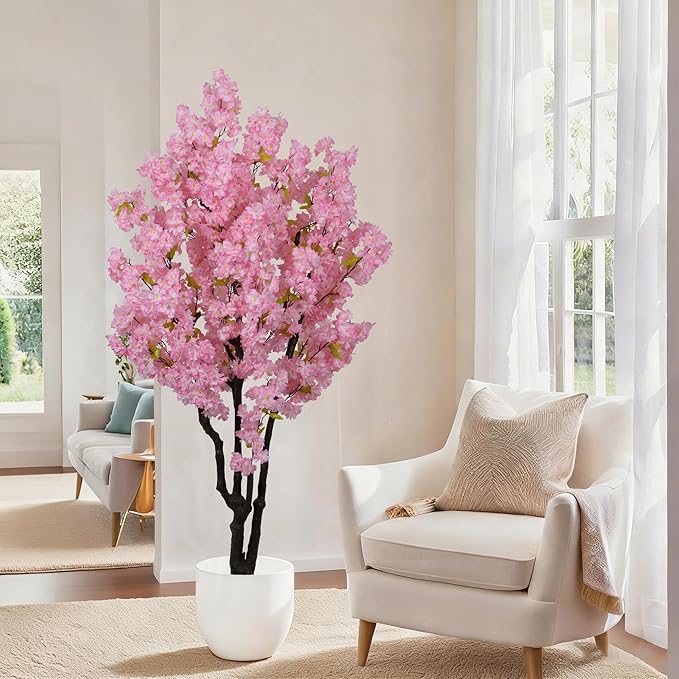 5.9ft Tall Cherry Blossom Artificial Tree, Handmade Light Pink Cherry Tree,Fake Flower Faux Silk Leaves Plant,Artificial Plants for Home Office Indoor Outdoor Party Wedding Christmas Decor