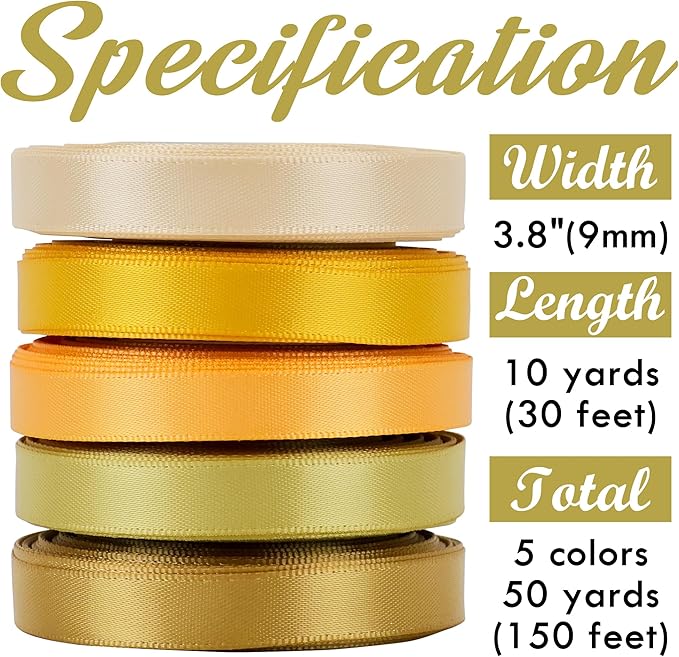 HUIHUANG Thin Satin Ribbon 3/8 inch - 5 Rolls Total 50 Yards Assortment Champagne, Golden Yellow, Vegas Gold & Pale Gold for Gift Wrapping, Craft & Decorations