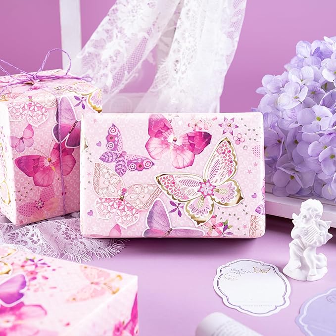WRAPAHOLIC Pink Butterfly Wrapping Paper Roll - Mini Roll - 17 Inch x 33 Feet - Fantasy Butterfly Design, Perfect for Birthday, Wedding, Bridal Shower