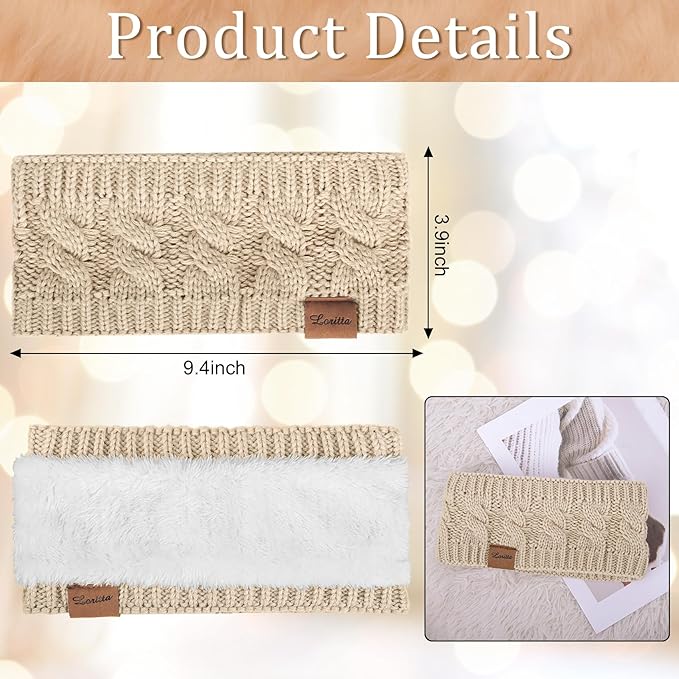 Loritta Womens Ear Warmers Headbands Winter Warm Fuzzy Cable Knit Head Wrap Fleece Lined Gifts