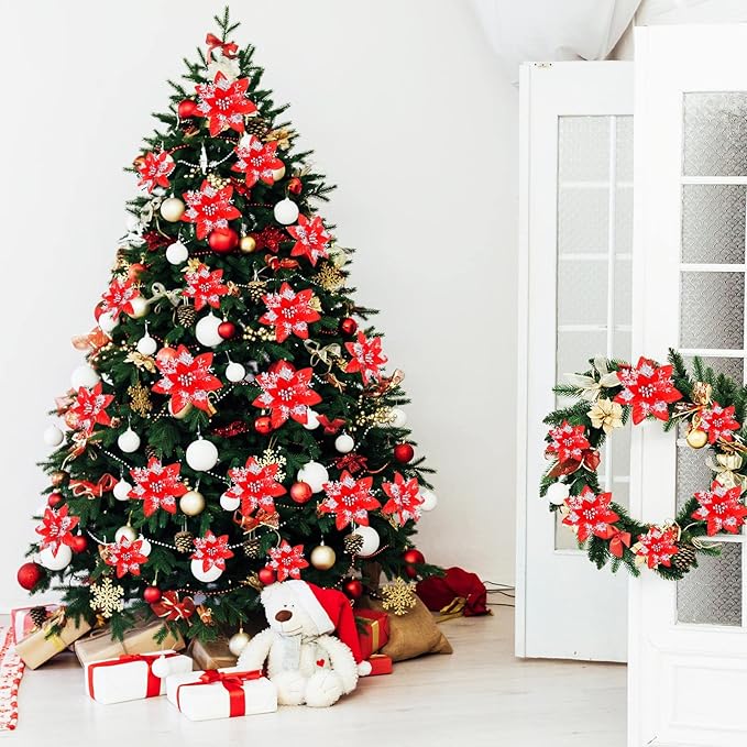 24 Christmas Glitter Artificial Poinsettia Flowers Xmas Poinsettia Artificial Wedding Flowers Decorations Xmas Tree Ornaments with Clips for Party Favors, 6 Inch, 4 Inch, 3 Inch (Red and Silver)