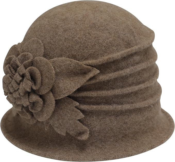 ZLYC Women Wool Cloche Bucket Hat 1920s Vintage Dress Winter Hats with Flower Accent