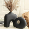 Ceramic Vase Set of 2, Modern Donut Vases for Minimalist Nordic Home Decor, Waterproof Round Vase, Decorative Centerpiece Vases for Living Room, Entryway, Bookshelf, Table Decor (Matte Black)