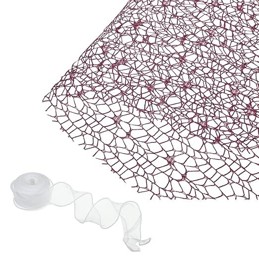 PATIKIL Flower Wrapping Mesh Paper, 15ft Floral Bouquet Craft Packaging Hollow Net Yarn with Ribbon for Flowers Gift Packaging, Burgundy Red