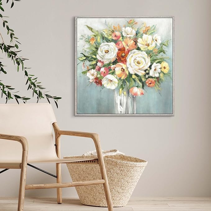 Framed Bouquet Canvas Wall Art - Abstract Elegant Floral Painting Modern Blossom Flower Picture Colorful Rose Artwork Prints for Living Room