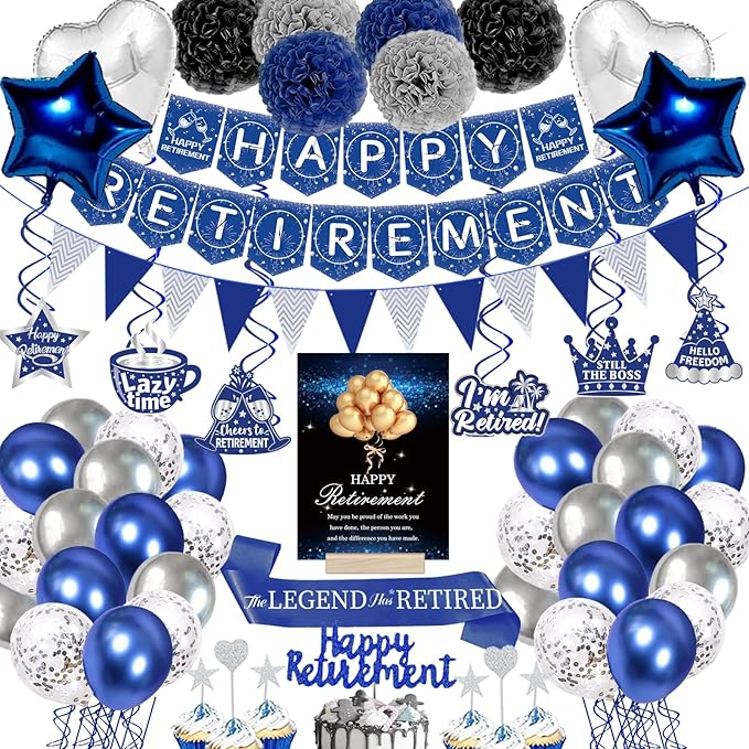 Happy Retirement Party Decorations Blue Retirements Party Decoration for Men Happy Retire Banner Hanging Swirls Foil Balloon Cake Toppers Retire Sash for Blue and Silver Retire Decoration