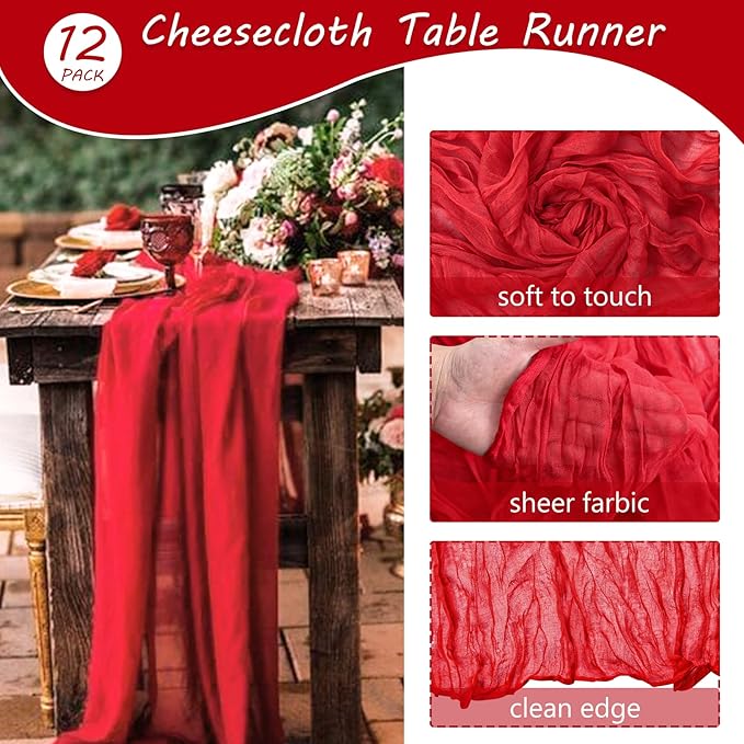 12 Pack 10Ft Cheesecloth Table Runner 35x120 Inch Boho Gauze Table Runner Rustic Cheese Cloth Long Romantic Table Runners for Wedding Bridal Shower Birthday Party Table Decor (Red)