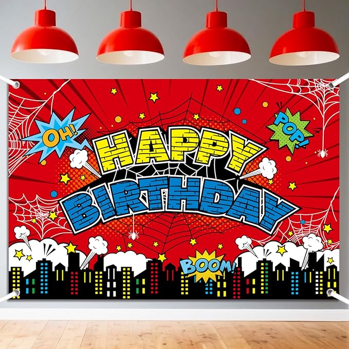 Spider Birthday Backdrop, 150x100cm/5x3ft Red Polyester Large Spider Web Happy Birthday Banner Backdrop for Boys Girls Themed Party Decorations & Photo Booth Props
