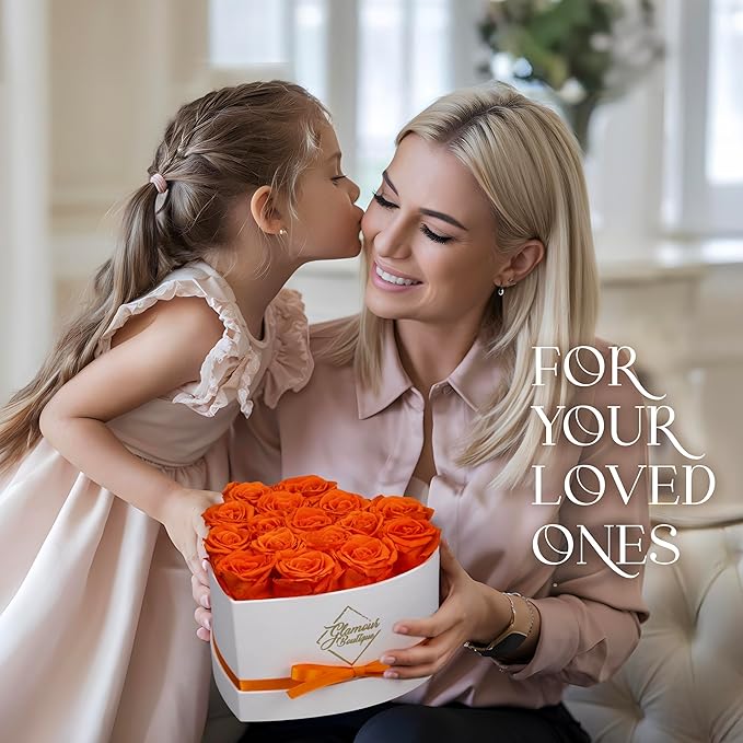 GLAMOUR BOUTIQUE Preserved Roses in a Box - Gifts for Her, Wife & Mom, Rose Flowers Forever Decor for Birthday Gift, Get Well Flower Bouquet Cased in White Box with Cover - Orange - 16-Piece
