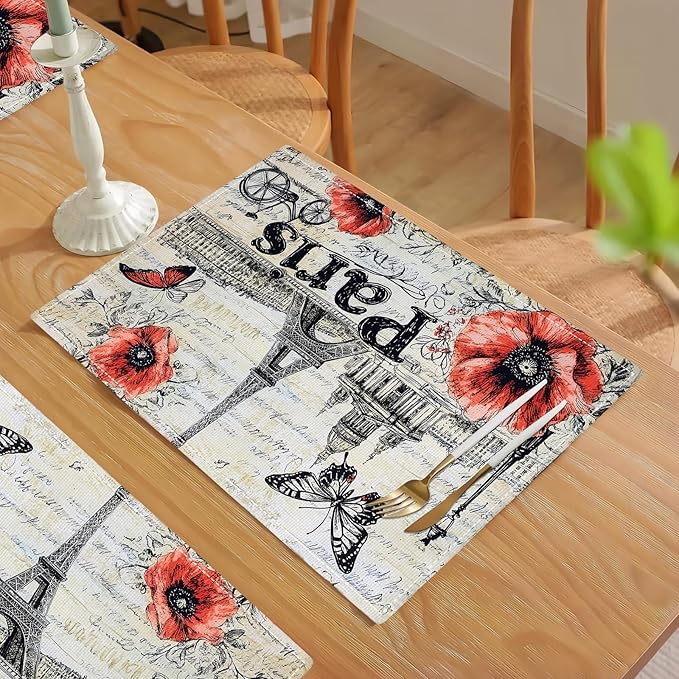 Paris Placemats Set of 6, French Eiffel Tower Place Mats, Poppies Dining Table Mats, Retro Washable Placemats for Kitchen Dining Room Home Decor 18L'' × 12W''