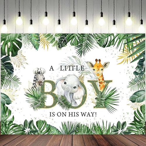10x6.5ft Baby Shower Backdrop A Little Boy is On His Way Photography Background Jungle Animals Elephant Giraffe Green Gold Leaves Kids Party Banner Decorations Newborn Parties Photo Booth Prop
