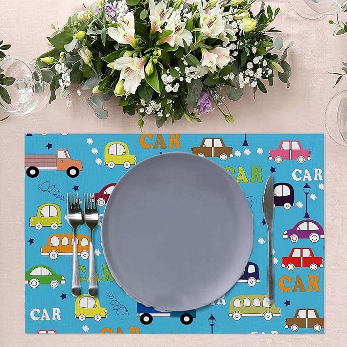 Placemats Set of 4 Retro Truck Bus and Car Place Mats Washable Table Dinner Mats Linen Table Mats for Kitchen Dining Party Home Kitchen Decor 12x18 Inch