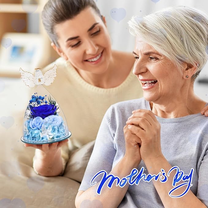 FIACO Gifts for Women Preserved Rose Forever Flower Rose in Glass Angel Figurine Preserved Fresh Flowers for Delivery Prime Mothers Day Birthday Gifts for Mom Grandma Wife Sister Blue