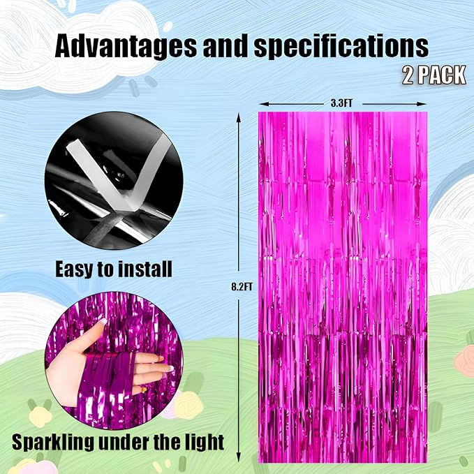 Keyali 2 Pack 3.3 * 8.3 ft Foil Curtain Metallic Tinsel Fringe Curtains Photo Booth Props Backdrop for Birthday Wedding Engagement Baby Shower Christmas Holiday Celebration Partyl,Hot Pink
